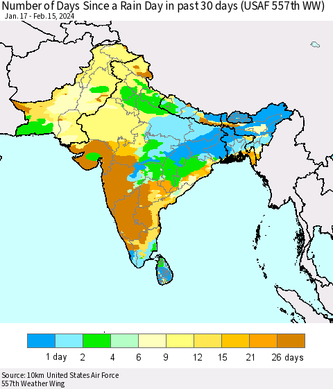 Southern Asia Number of Days Since a Rain Day in past 30 days (USAF 557th WW) Thematic Map For 2/11/2024 - 2/15/2024