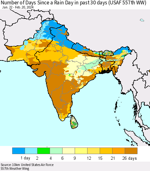 Southern Asia Number of Days Since a Rain Day in past 30 days (USAF 557th WW) Thematic Map For 2/16/2024 - 2/20/2024