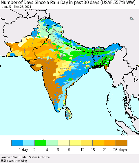 Southern Asia Number of Days Since a Rain Day in past 30 days (USAF 557th WW) Thematic Map For 2/21/2024 - 2/25/2024