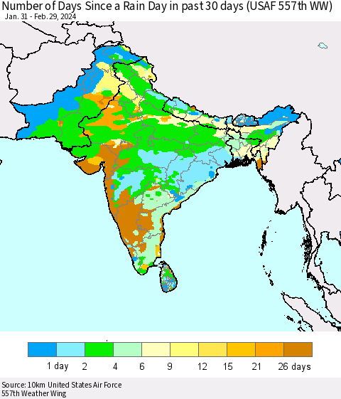 Southern Asia Number of Days Since a Rain Day in past 30 days (USAF 557th WW) Thematic Map For 2/26/2024 - 2/29/2024