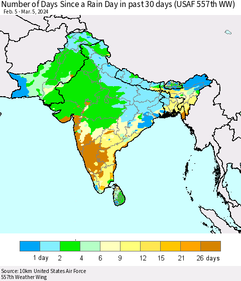 Southern Asia Number of Days Since a Rain Day in past 30 days (USAF 557th WW) Thematic Map For 3/1/2024 - 3/5/2024
