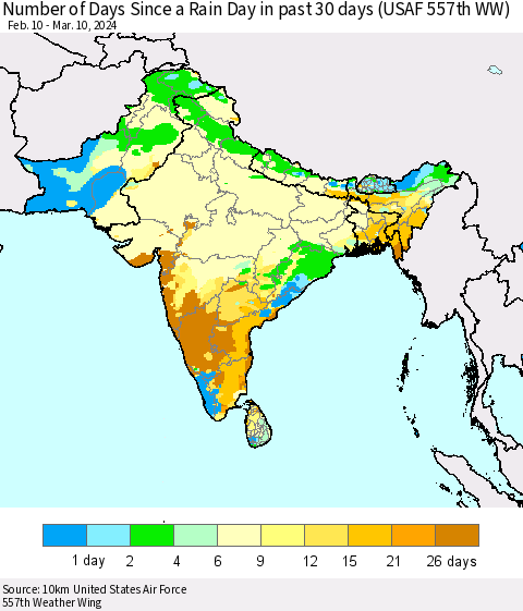 Southern Asia Number of Days Since a Rain Day in past 30 days (USAF 557th WW) Thematic Map For 3/6/2024 - 3/10/2024