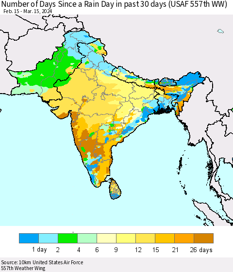 Southern Asia Number of Days Since a Rain Day in past 30 days (USAF 557th WW) Thematic Map For 3/11/2024 - 3/15/2024