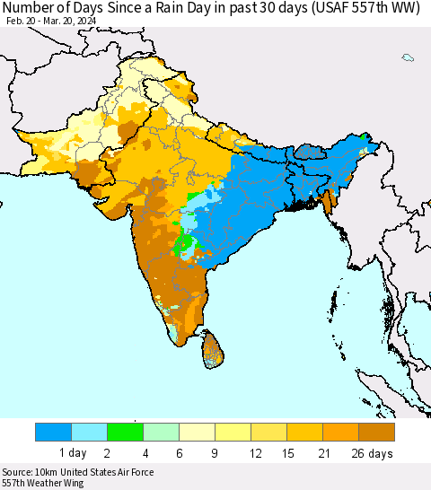 Southern Asia Number of Days Since a Rain Day in past 30 days (USAF 557th WW) Thematic Map For 3/16/2024 - 3/20/2024