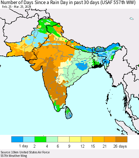 Southern Asia Number of Days Since a Rain Day in past 30 days (USAF 557th WW) Thematic Map For 3/21/2024 - 3/25/2024