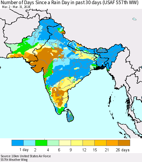 Southern Asia Number of Days Since a Rain Day in past 30 days (USAF 557th WW) Thematic Map For 3/26/2024 - 3/31/2024