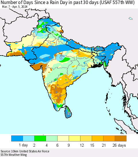 Southern Asia Number of Days Since a Rain Day in past 30 days (USAF 557th WW) Thematic Map For 4/1/2024 - 4/5/2024
