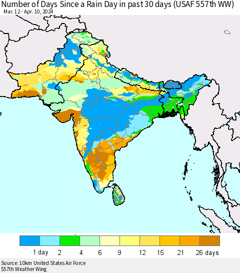 Southern Asia Number of Days Since a Rain Day in past 30 days (USAF 557th WW) Thematic Map For 4/6/2024 - 4/10/2024
