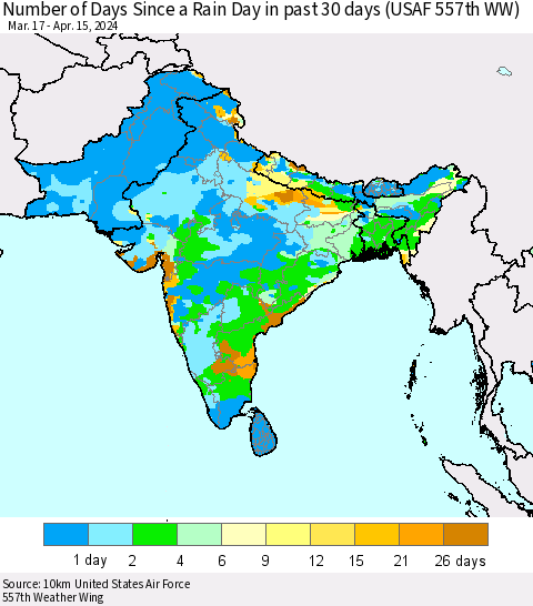 Southern Asia Number of Days Since a Rain Day in past 30 days (USAF 557th WW) Thematic Map For 4/11/2024 - 4/15/2024