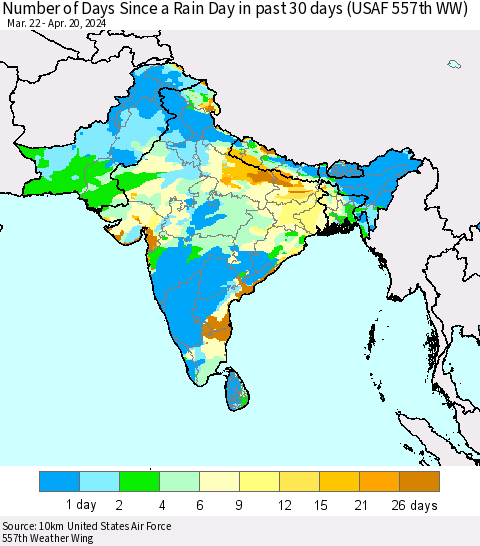 Southern Asia Number of Days Since a Rain Day in past 30 days (USAF 557th WW) Thematic Map For 4/16/2024 - 4/20/2024