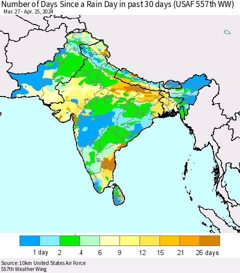 Southern Asia Number of Days Since a Rain Day in past 30 days (USAF 557th WW) Thematic Map For 4/21/2024 - 4/25/2024