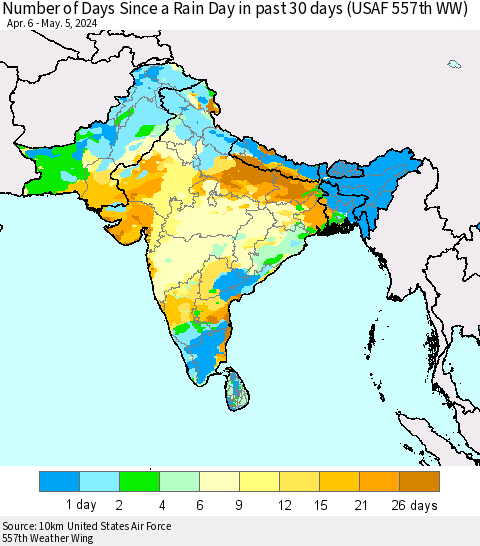 Southern Asia Number of Days Since a Rain Day in past 30 days (USAF 557th WW) Thematic Map For 5/1/2024 - 5/5/2024