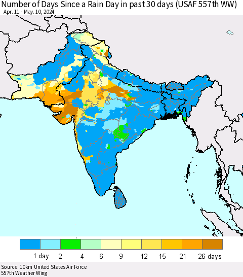 Southern Asia Number of Days Since a Rain Day in past 30 days (USAF 557th WW) Thematic Map For 5/6/2024 - 5/10/2024