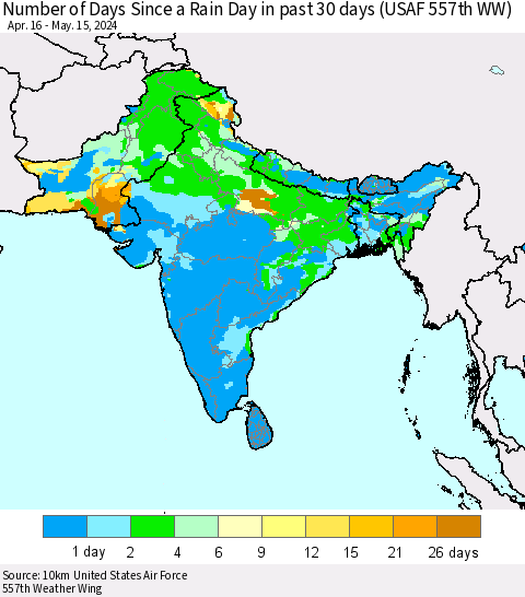 Southern Asia Number of Days Since a Rain Day in past 30 days (USAF 557th WW) Thematic Map For 5/11/2024 - 5/15/2024