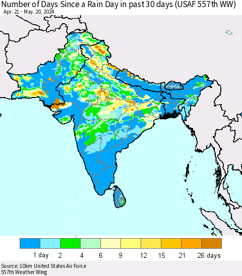 Southern Asia Number of Days Since a Rain Day in past 30 days (USAF 557th WW) Thematic Map For 5/16/2024 - 5/20/2024