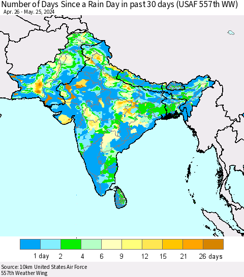 Southern Asia Number of Days Since a Rain Day in past 30 days (USAF 557th WW) Thematic Map For 5/21/2024 - 5/25/2024