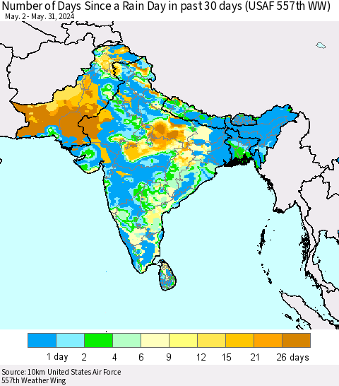 Southern Asia Number of Days Since a Rain Day in past 30 days (USAF 557th WW) Thematic Map For 5/26/2024 - 5/31/2024