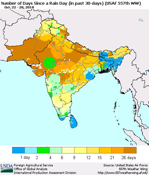Southern Asia Number of Days Since a Rain Day in past 30 days (USAF 557th WW) Thematic Map For 10/22/2018 - 10/28/2018