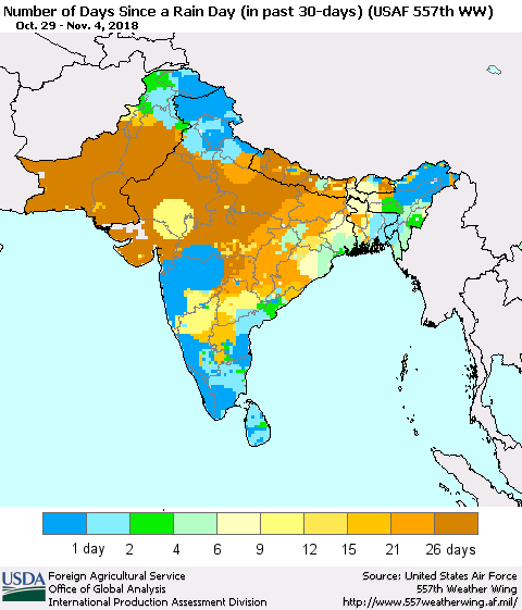 Southern Asia Number of Days Since a Rain Day in past 30 days (USAF 557th WW) Thematic Map For 10/29/2018 - 11/4/2018