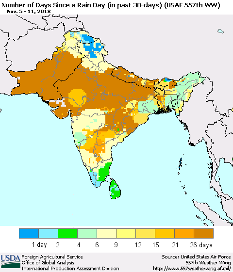 Southern Asia Number of Days Since a Rain Day in past 30 days (USAF 557th WW) Thematic Map For 11/5/2018 - 11/11/2018