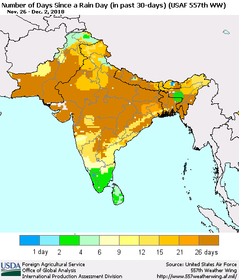 Southern Asia Number of Days Since a Rain Day in past 30 days (USAF 557th WW) Thematic Map For 11/26/2018 - 12/2/2018