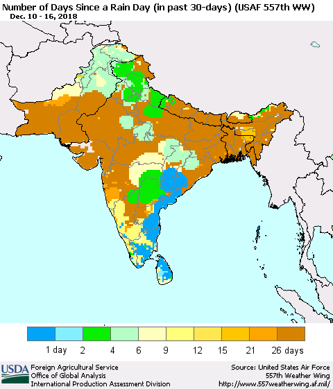 Southern Asia Number of Days Since a Rain Day in past 30 days (USAF 557th WW) Thematic Map For 12/10/2018 - 12/16/2018