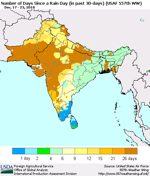 Southern Asia Number of Days Since a Rain Day in past 30 days (USAF 557th WW) Thematic Map For 12/17/2018 - 12/23/2018