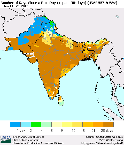 Southern Asia Number of Days Since a Rain Day in past 30 days (USAF 557th WW) Thematic Map For 1/14/2019 - 1/20/2019