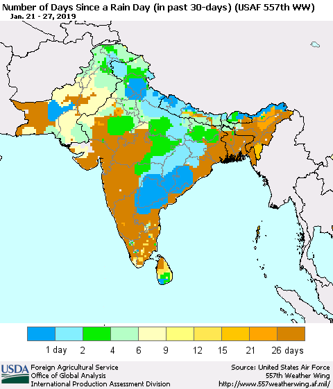 Southern Asia Number of Days Since a Rain Day in past 30 days (USAF 557th WW) Thematic Map For 1/21/2019 - 1/27/2019