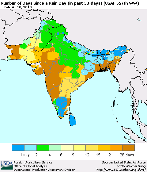 Southern Asia Number of Days Since a Rain Day in past 30 days (USAF 557th WW) Thematic Map For 2/4/2019 - 2/10/2019