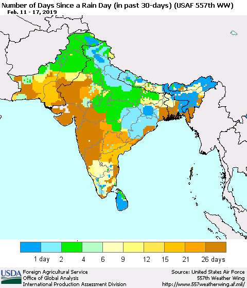 Southern Asia Number of Days Since a Rain Day in past 30 days (USAF 557th WW) Thematic Map For 2/11/2019 - 2/17/2019