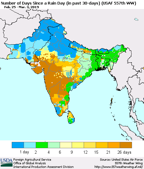 Southern Asia Number of Days Since a Rain Day in past 30 days (USAF 557th WW) Thematic Map For 2/25/2019 - 3/3/2019