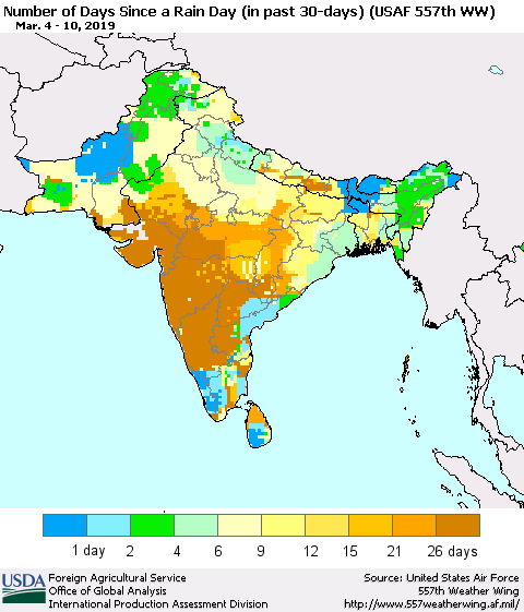 Southern Asia Number of Days Since a Rain Day in past 30 days (USAF 557th WW) Thematic Map For 3/4/2019 - 3/10/2019