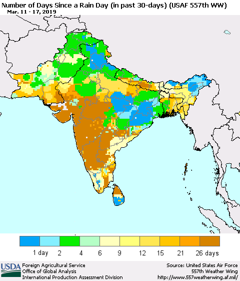 Southern Asia Number of Days Since a Rain Day in past 30 days (USAF 557th WW) Thematic Map For 3/11/2019 - 3/17/2019