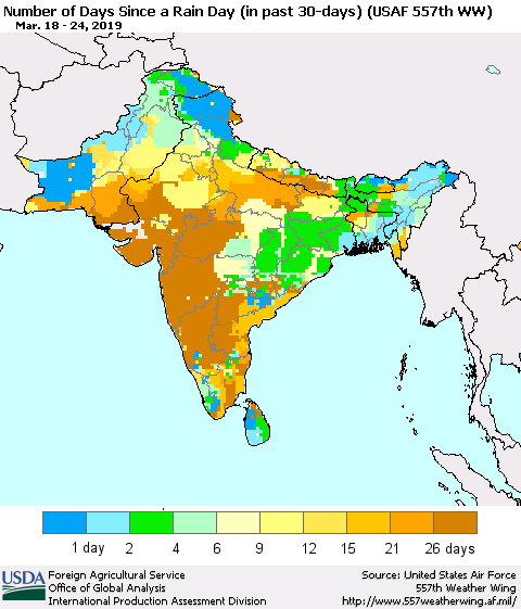 Southern Asia Number of Days Since a Rain Day in past 30 days (USAF 557th WW) Thematic Map For 3/18/2019 - 3/24/2019
