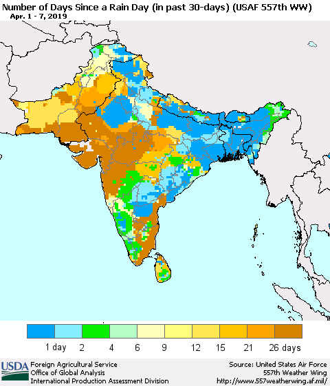 Southern Asia Number of Days Since a Rain Day in past 30 days (USAF 557th WW) Thematic Map For 4/1/2019 - 4/7/2019
