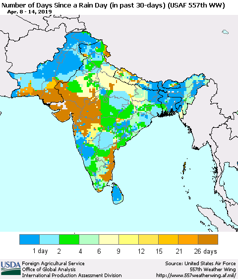 Southern Asia Number of Days Since a Rain Day in past 30 days (USAF 557th WW) Thematic Map For 4/8/2019 - 4/14/2019