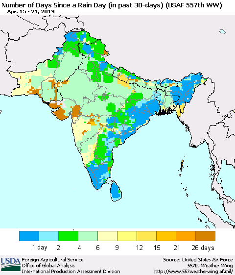 Southern Asia Number of Days Since a Rain Day in past 30 days (USAF 557th WW) Thematic Map For 4/15/2019 - 4/21/2019