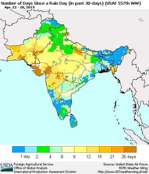 Southern Asia Number of Days Since a Rain Day in past 30 days (USAF 557th WW) Thematic Map For 4/22/2019 - 4/28/2019
