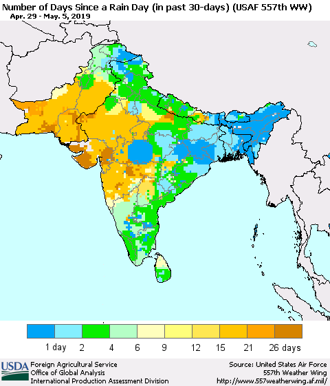 Southern Asia Number of Days Since a Rain Day in past 30 days (USAF 557th WW) Thematic Map For 4/29/2019 - 5/5/2019