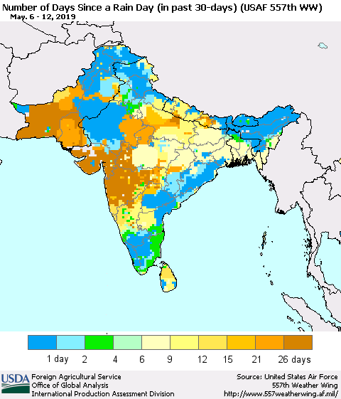 Southern Asia Number of Days Since a Rain Day in past 30 days (USAF 557th WW) Thematic Map For 5/6/2019 - 5/12/2019