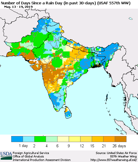 Southern Asia Number of Days Since a Rain Day in past 30 days (USAF 557th WW) Thematic Map For 5/13/2019 - 5/19/2019