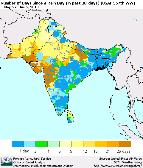 Southern Asia Number of Days Since a Rain Day in past 30 days (USAF 557th WW) Thematic Map For 5/27/2019 - 6/2/2019