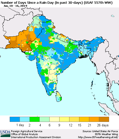Southern Asia Number of Days Since a Rain Day in past 30 days (USAF 557th WW) Thematic Map For 6/10/2019 - 6/16/2019