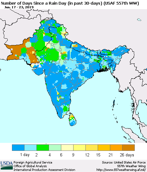 Southern Asia Number of Days Since a Rain Day in past 30 days (USAF 557th WW) Thematic Map For 6/17/2019 - 6/23/2019