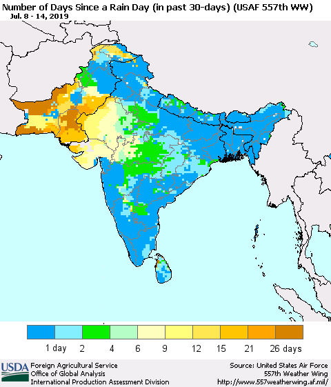 Southern Asia Number of Days Since a Rain Day in past 30 days (USAF 557th WW) Thematic Map For 7/8/2019 - 7/14/2019