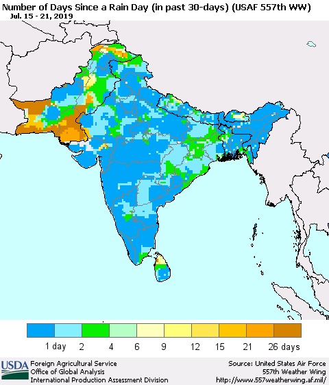 Southern Asia Number of Days Since a Rain Day in past 30 days (USAF 557th WW) Thematic Map For 7/15/2019 - 7/21/2019