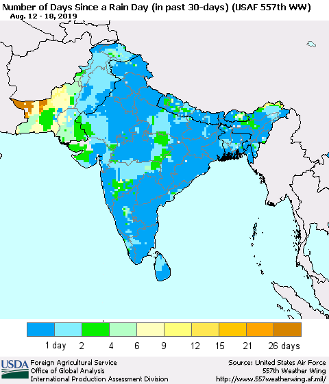 Southern Asia Number of Days Since a Rain Day in past 30 days (USAF 557th WW) Thematic Map For 8/12/2019 - 8/18/2019