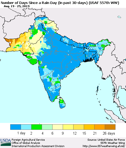 Southern Asia Number of Days Since a Rain Day in past 30 days (USAF 557th WW) Thematic Map For 8/19/2019 - 8/25/2019