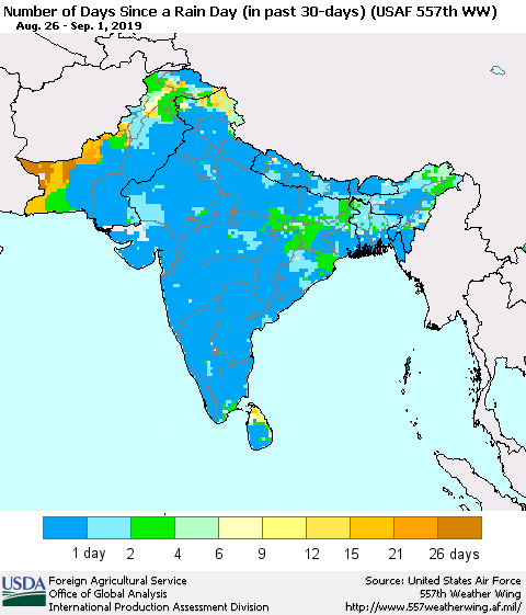 Southern Asia Number of Days Since a Rain Day in past 30 days (USAF 557th WW) Thematic Map For 8/26/2019 - 9/1/2019